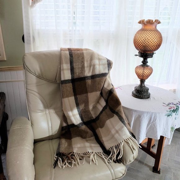 SOLD Vintage Pure Wool Throw Plaid Brown Tan 53X65 - Picture 6 of 6